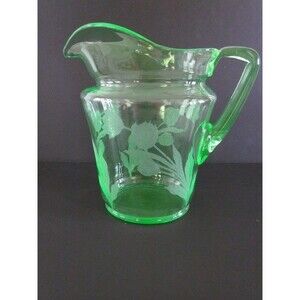 Cambridge Uranium Green Glass Pitcher Etched Tulip Floral 1930s Glows UV